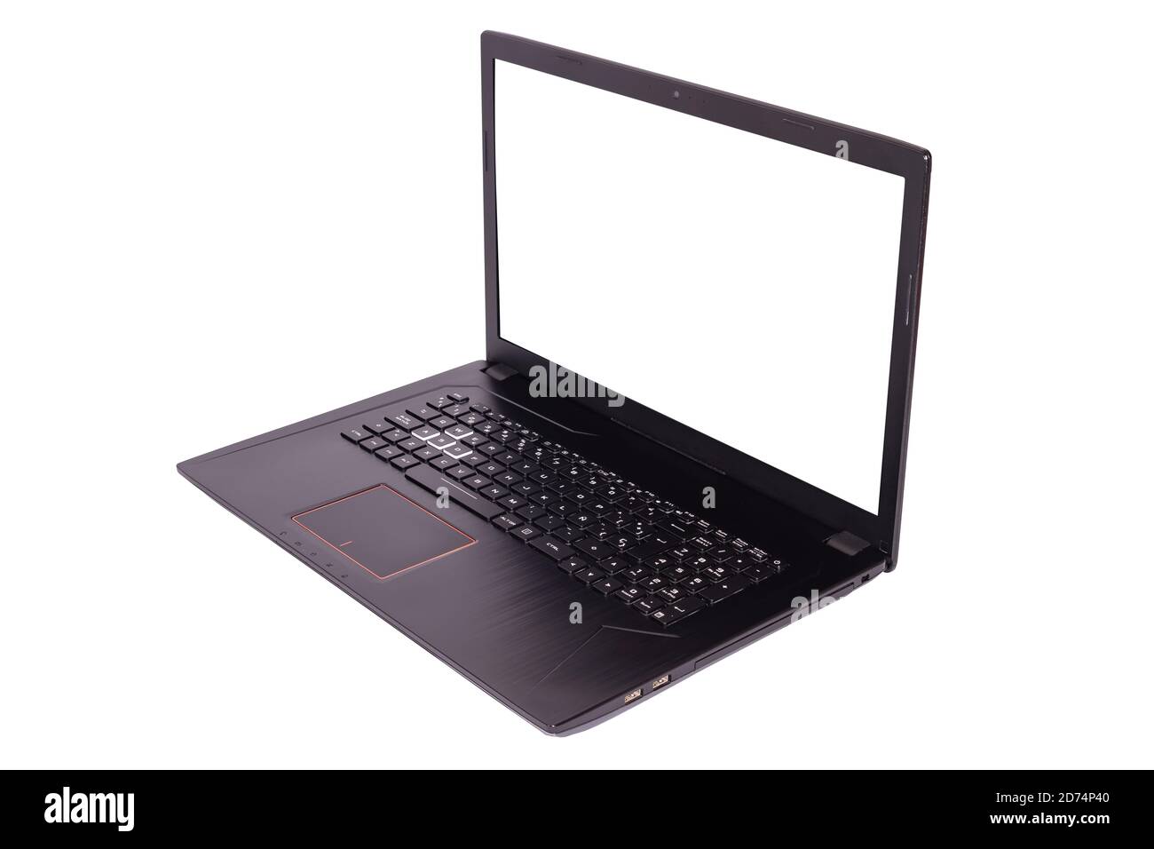 Schwarzer Laptop mit Bildschirm in 90 Grad isoliert auf weißem Hintergrund. Notebook mit leerem Bildschirm. Leerer Kopierplatz auf modernen mobilen Computern. Stockfoto