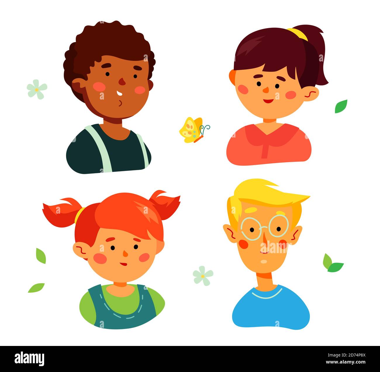 Porträts von glücklichen Vorschulkinder - bunte Reihe von Zeichen isoliert auf weißem Hintergrund. Gesichter von Kindergärtnern. Eine Sammlung von zwei Jungen und Stock Vektor