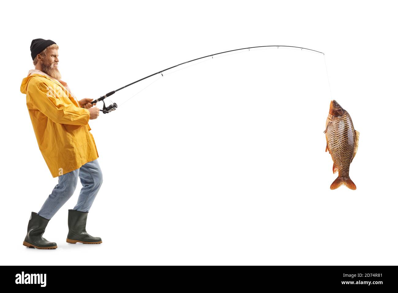 In voller Länge Profilaufnahme eines bärtigen Fischers fangen ein Großer Fisch isoliert auf weißem Hintergrund Stockfoto