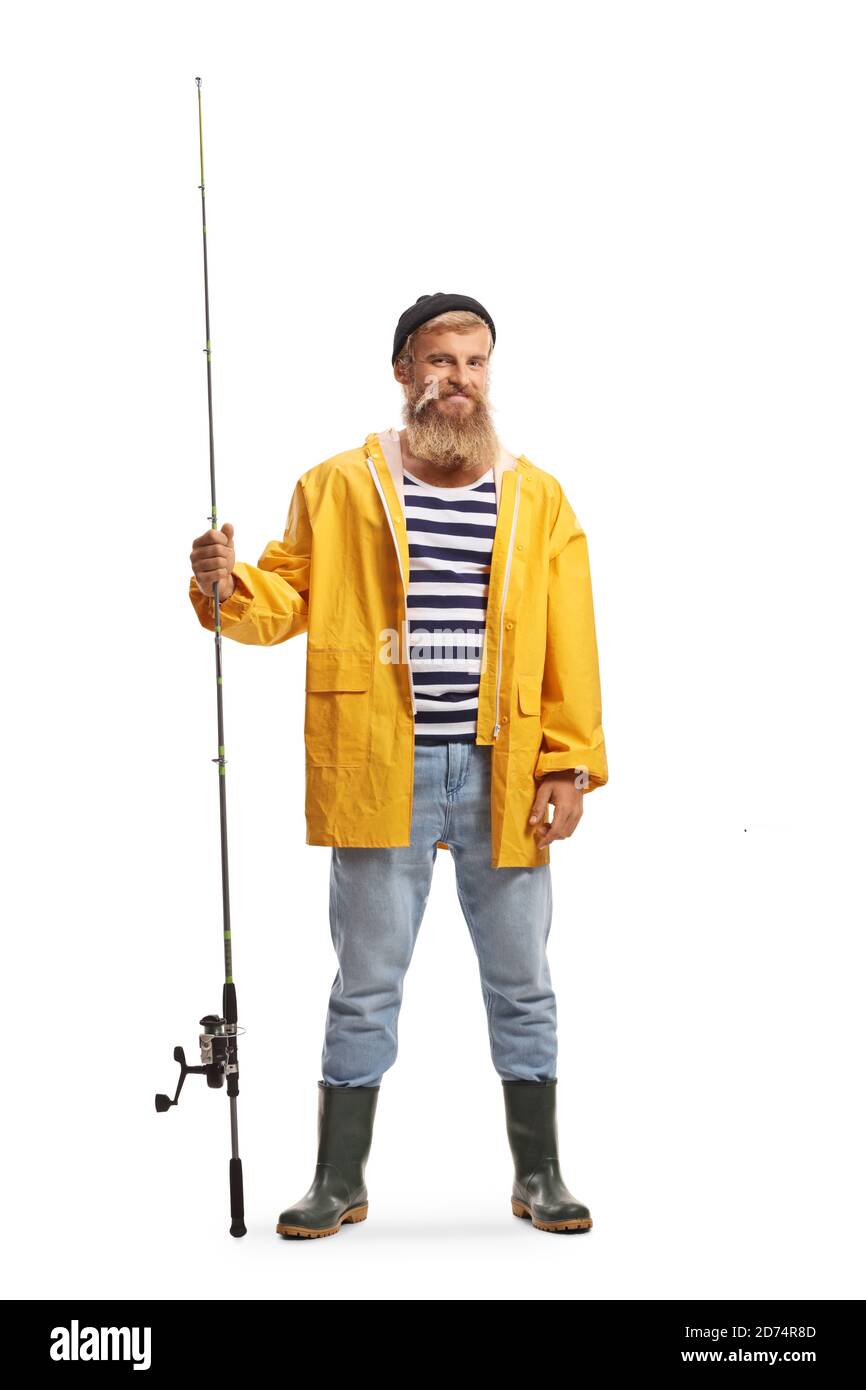 In voller Länge Porträt eines bärtigen jungen Fischer hält ein Angelrute und lächelnd isoliert auf weißem Hintergrund Stockfoto