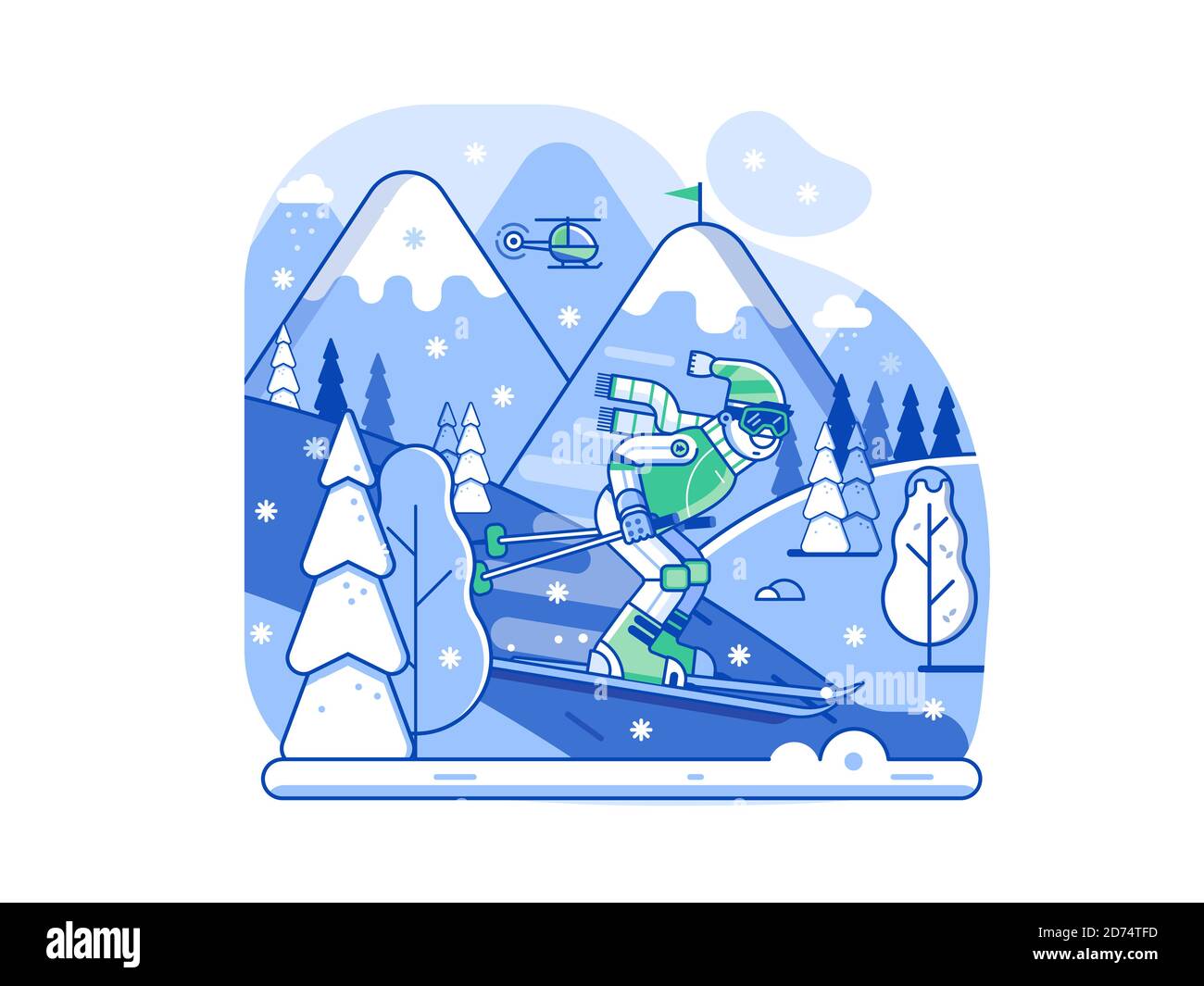 Mountain Skiing Concept Scene in Line Art Stock Vektor