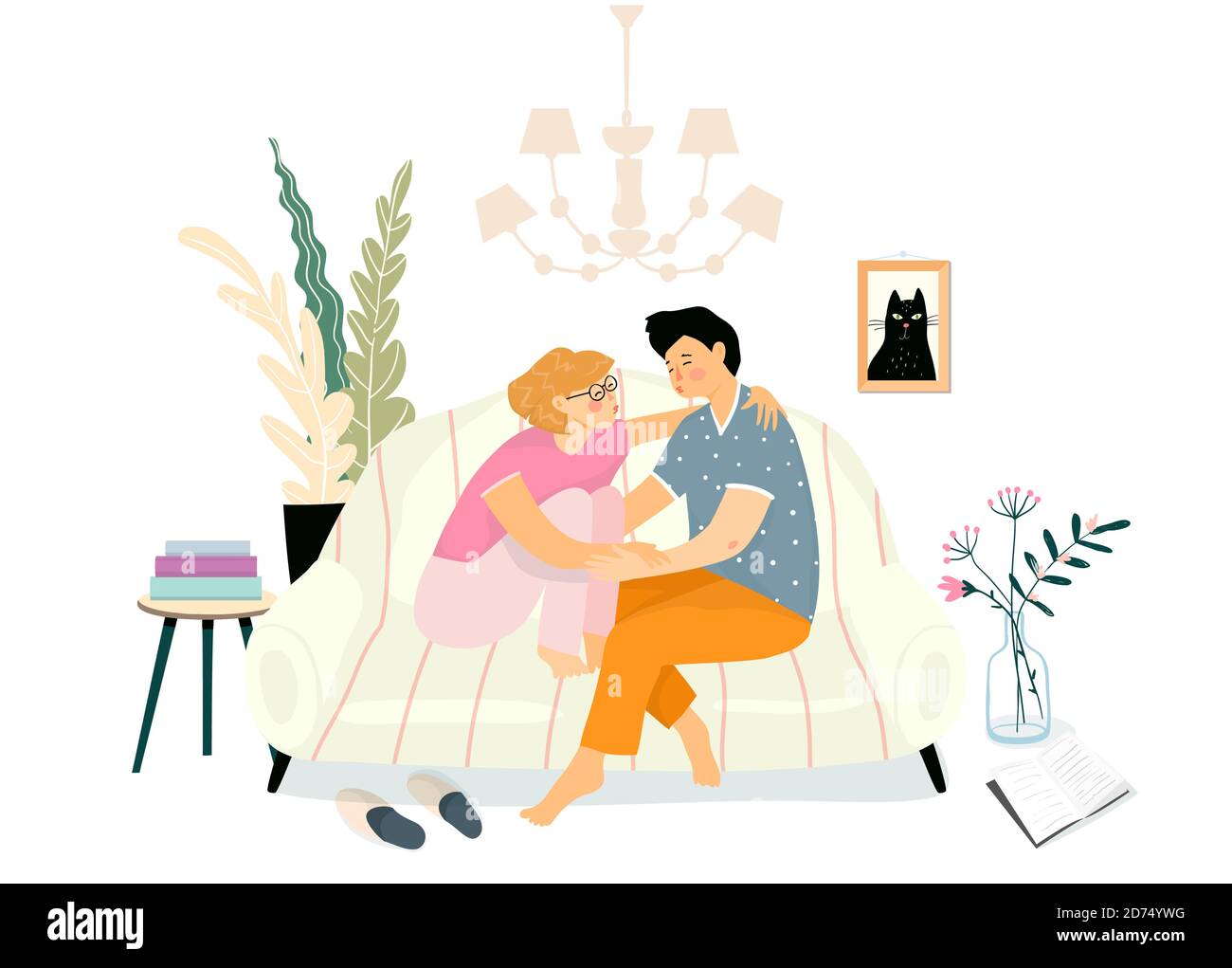 Liebhaber küssen sich zu Hause auf dem Sofa, Jugendliche oder junge Erwachsene lieben. Gemütliches Wohnzimmer mit einer Couch und Menschen umarmen. Stock Vektor