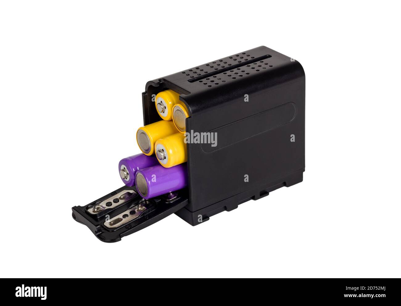 Batteriehalter für die Kamera. Batterie Gehäuse. Auf weissem Hintergrund. Stockfoto