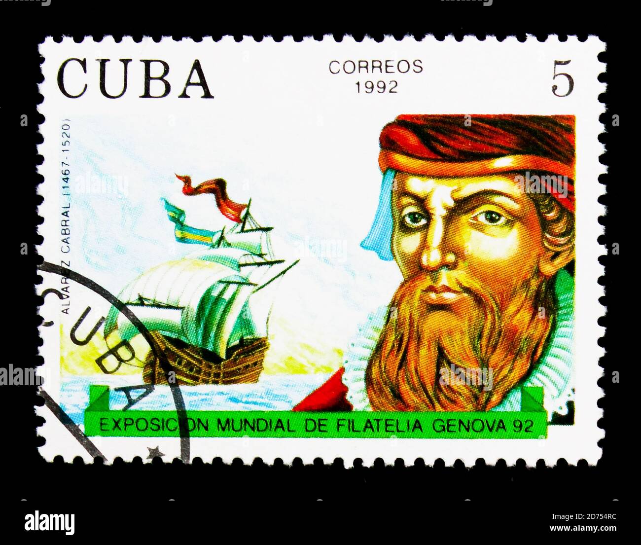 MOSKAU, RUSSLAND - 25. NOVEMBER 2017: Eine in Kuba gedruckte Briefmarke zeigt Porträt von Alvarez Cabral, Internationale Briefmarkenausstellung - Genua '92 (Matrosen) se Stockfoto