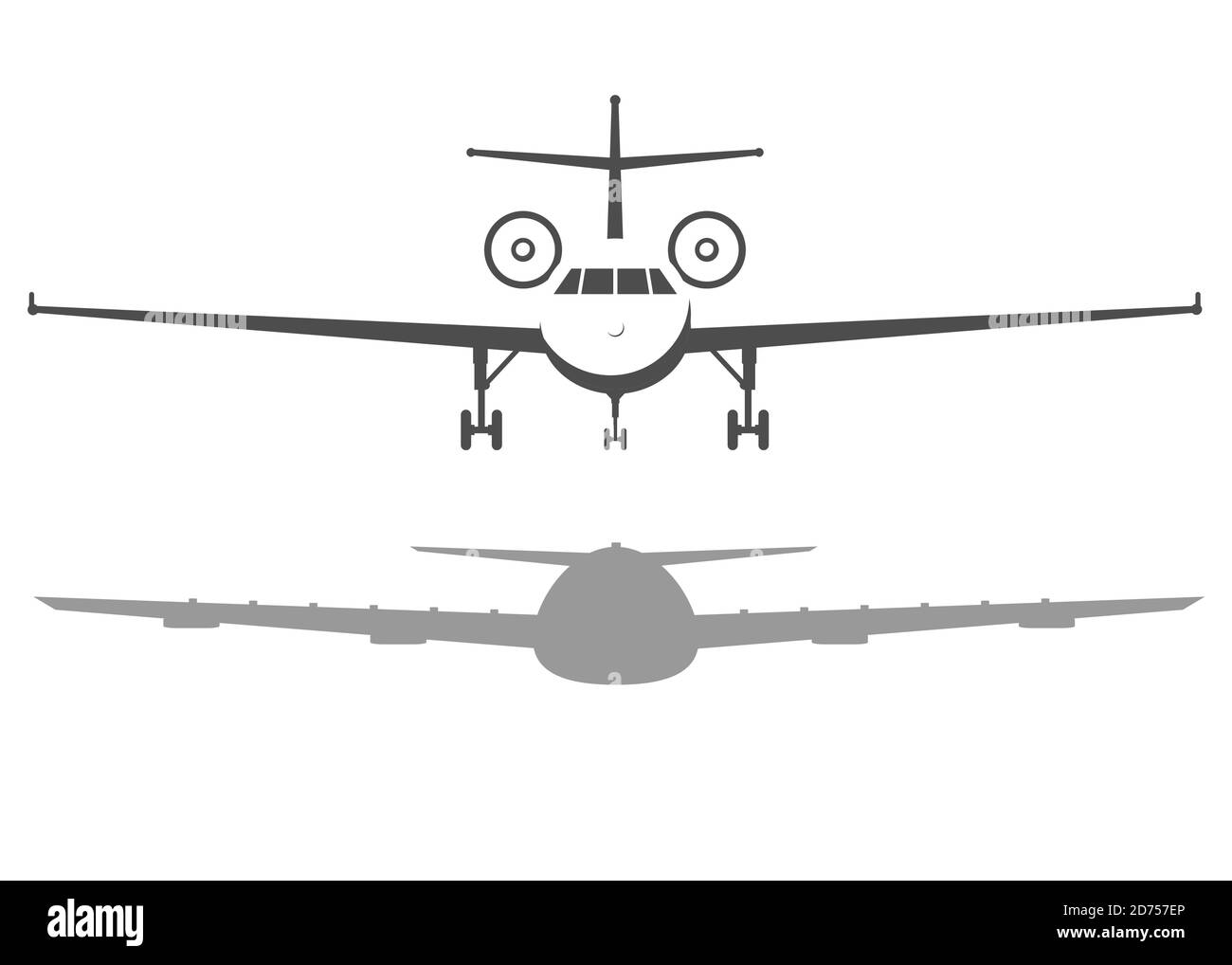 Vorderansicht des Flugzeugs. Passagier- oder Verkehrsjet isoliert auf Hintergrund. Aircrfat in flacher Ausführung. Stock Vektor