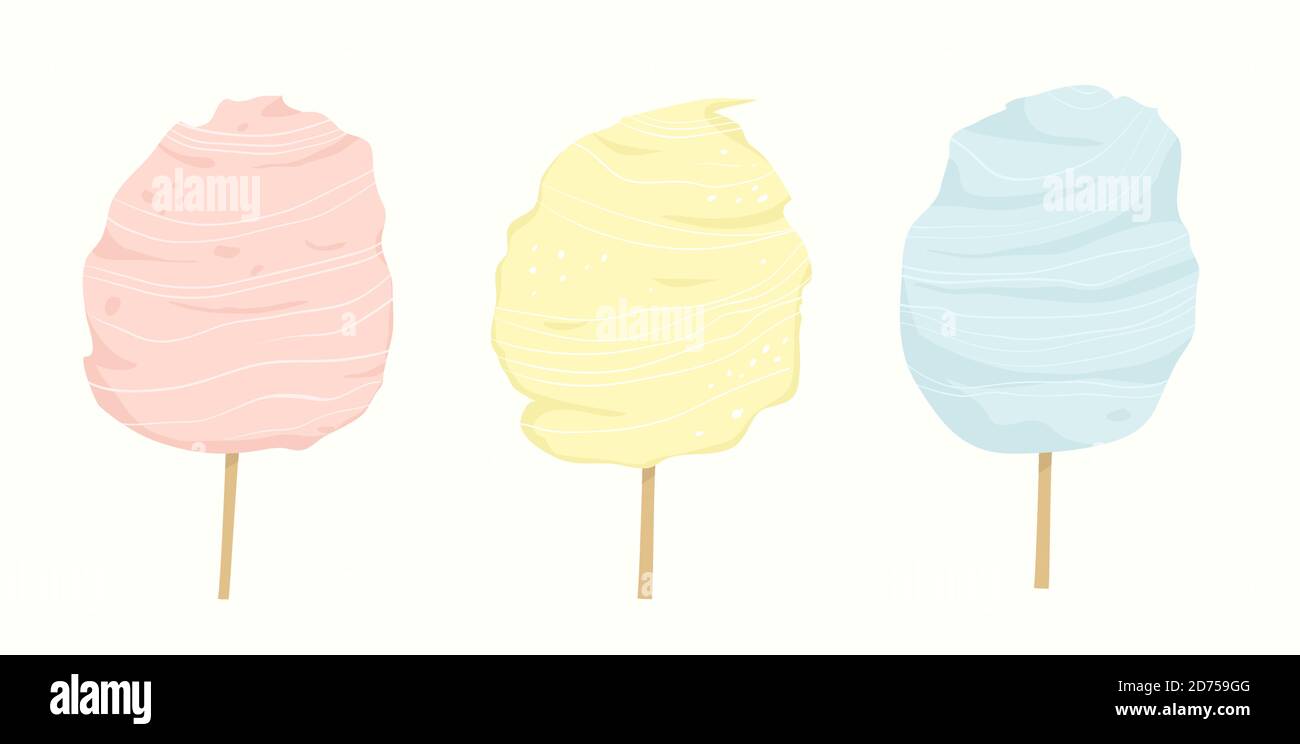 Süße Sommer Snack Zuckerwatte für Kinder Cartoon. Leckere flauschige Zucker Wolke Dessert für Kinder. Stock Vektor