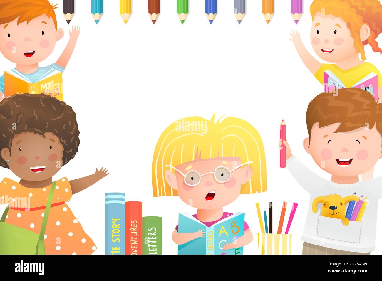 Kinder spielen, studieren und zeichnen Poster oder Banner Cartoon-Design für Kinder Aktivitäten. Kindergarten oder Schulplakat. Stock Vektor