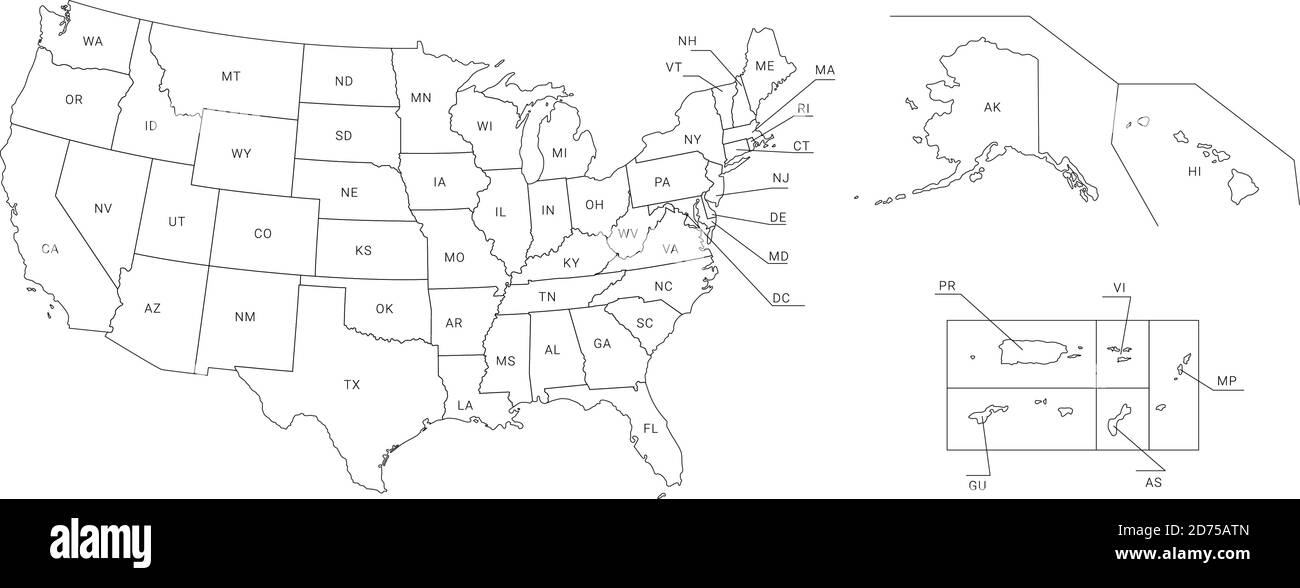 Karte von Amerika. Politische Landkarte der Vereinigten Staaten. US-Blaupause mit den Titeln von Staaten und Regionen. Alle Länder werden im Ebenenbedienfeld benannt. Stock Vektor