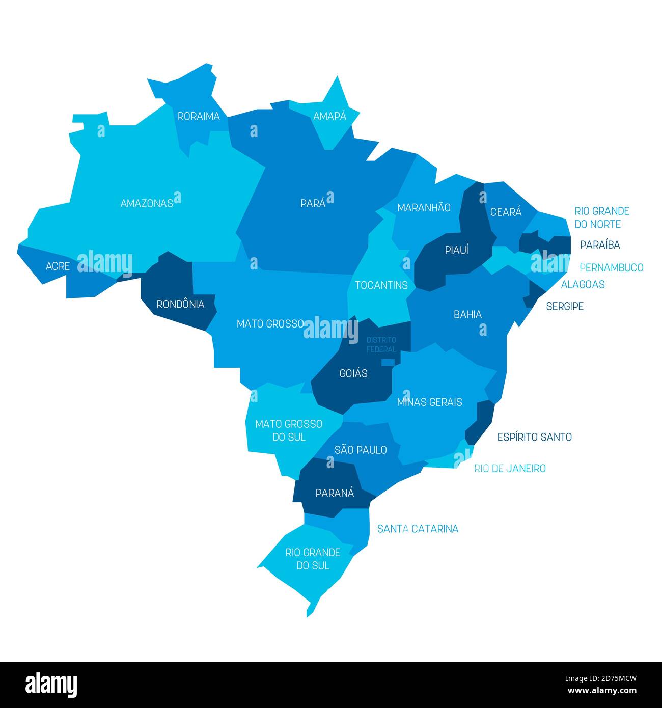 Blaue politische Landkarte von Brasilien. Verwaltungsabteilungen - Staaten. Einfache flache Vektorkarte mit Beschriftungen. Stock Vektor