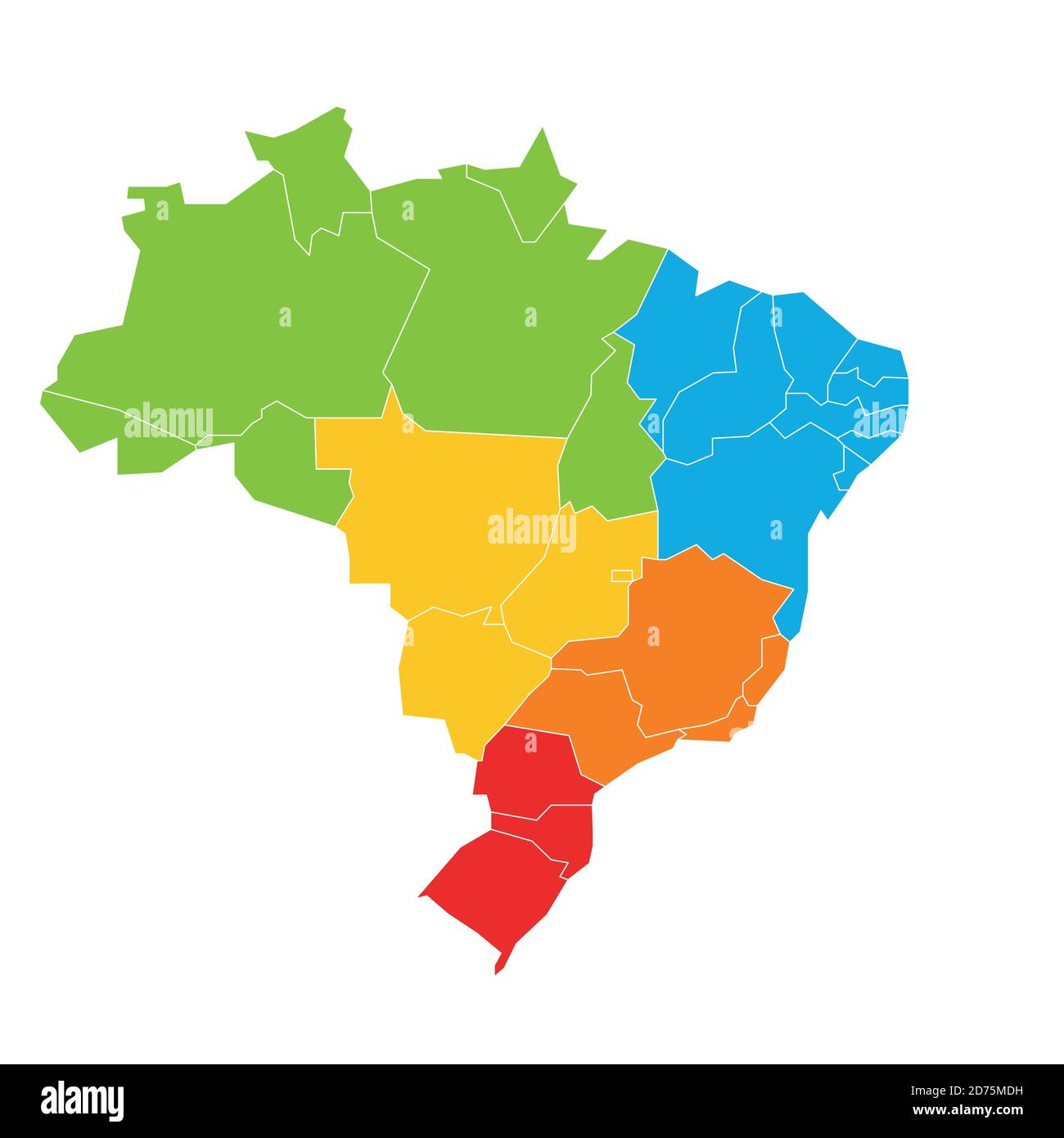 Bunte leere politische Karte von Brasilien. Staaten teilen sich durch Farbe in 5 Regionen. Einfache flache Vektorkarte. Stock Vektor