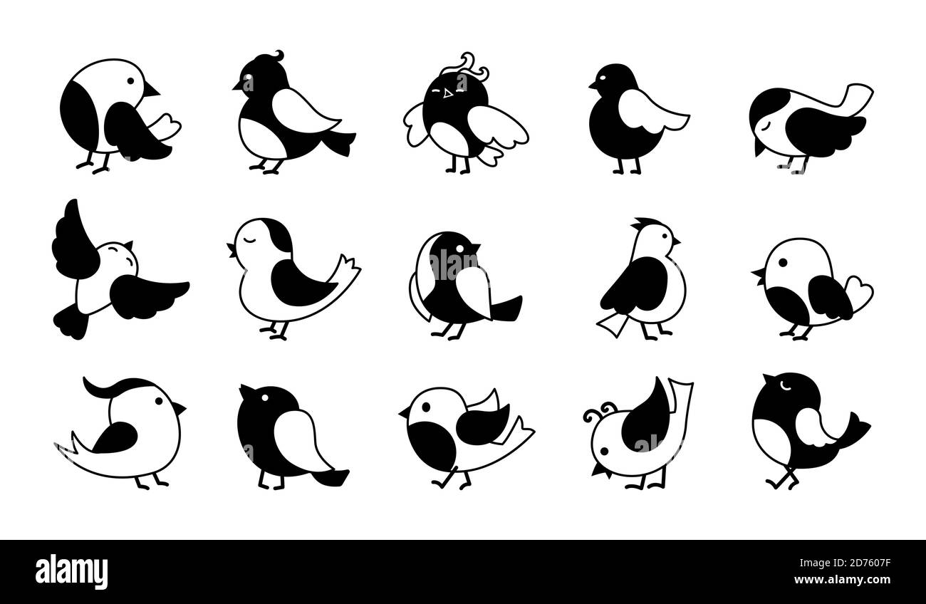 Vogel in verschiedenen Pose schwarz Glyphe Cartoon-Set. Niedliche kleine fliegende Vögel. Handgezeichnetes, flaches abstraktes Symbol. Modisches Trendlogo. Vektorgrafik Stock Vektor