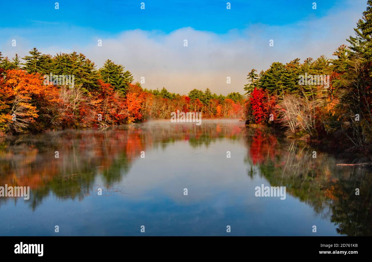 Bunte See Reflexion an einem nebligen Herbstmorgen Stockfoto