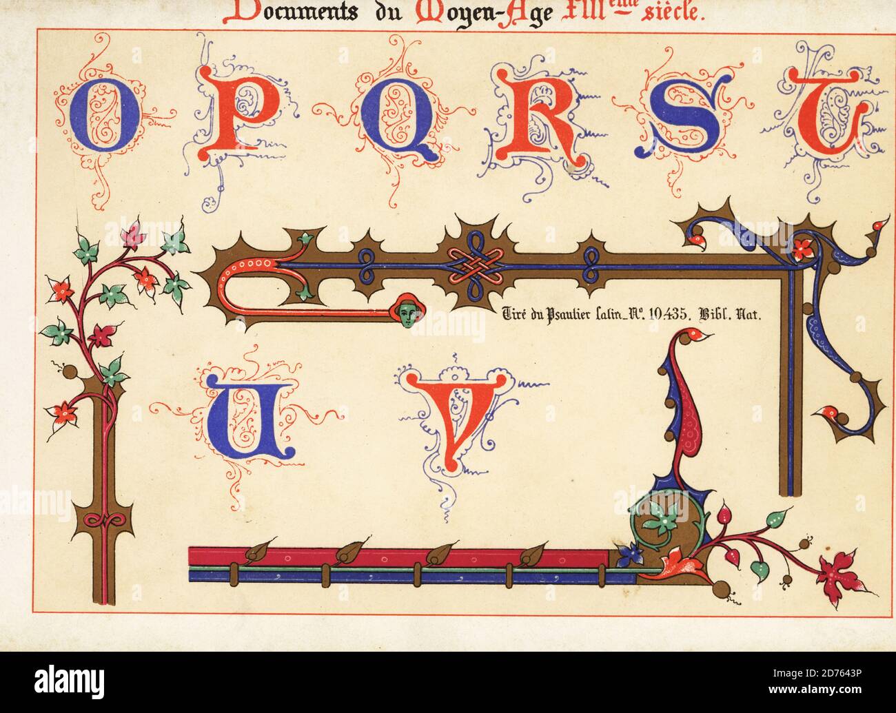 Alphabet der dekorativen Anfangsbuchstaben O bis V, mit Filigran und Laub, aus einem beleuchteten lateinischen Psalter aus dem 13. Jahrhundert in der Bibliotheque National, Manuskript 10435. Tire du Psautier Latein Nr. 10435, Lätzchen. Nat. Chromolithographie von Ernst Guillot aus seiner Ornementation des Manuscrits au Moyen-Age, Paris, 1897. Stockfoto