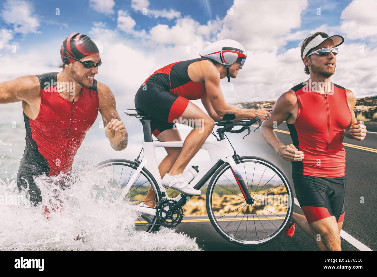Triathlon Swim Bike Run Triathlet man Training für ironman Race Concept. Drei Bilder zusammengesetzt aus Fitness-Sportler laufen, Radfahren und Schwimmen in Stockfoto