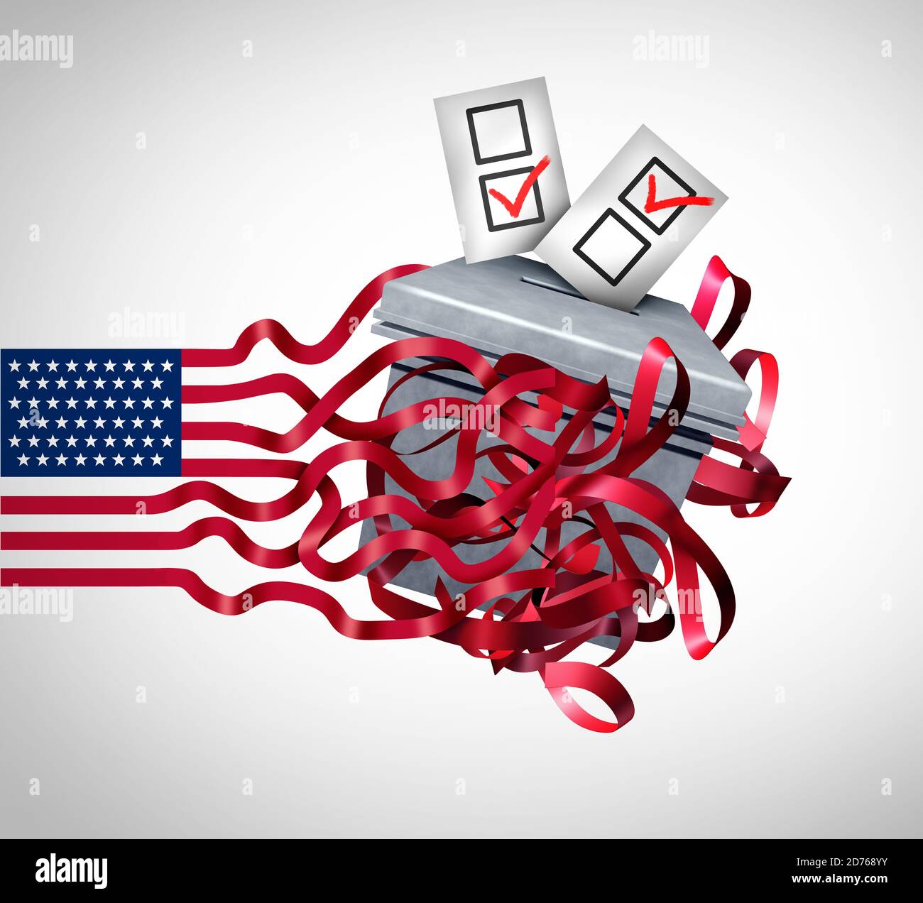 Amerikanische Wahlherausforderung und Wahlprobleme und US-Wahlkonzept als Vereinigte Staaten Stimmzettel in einem Wahllokal als USA demokratisch. Stockfoto