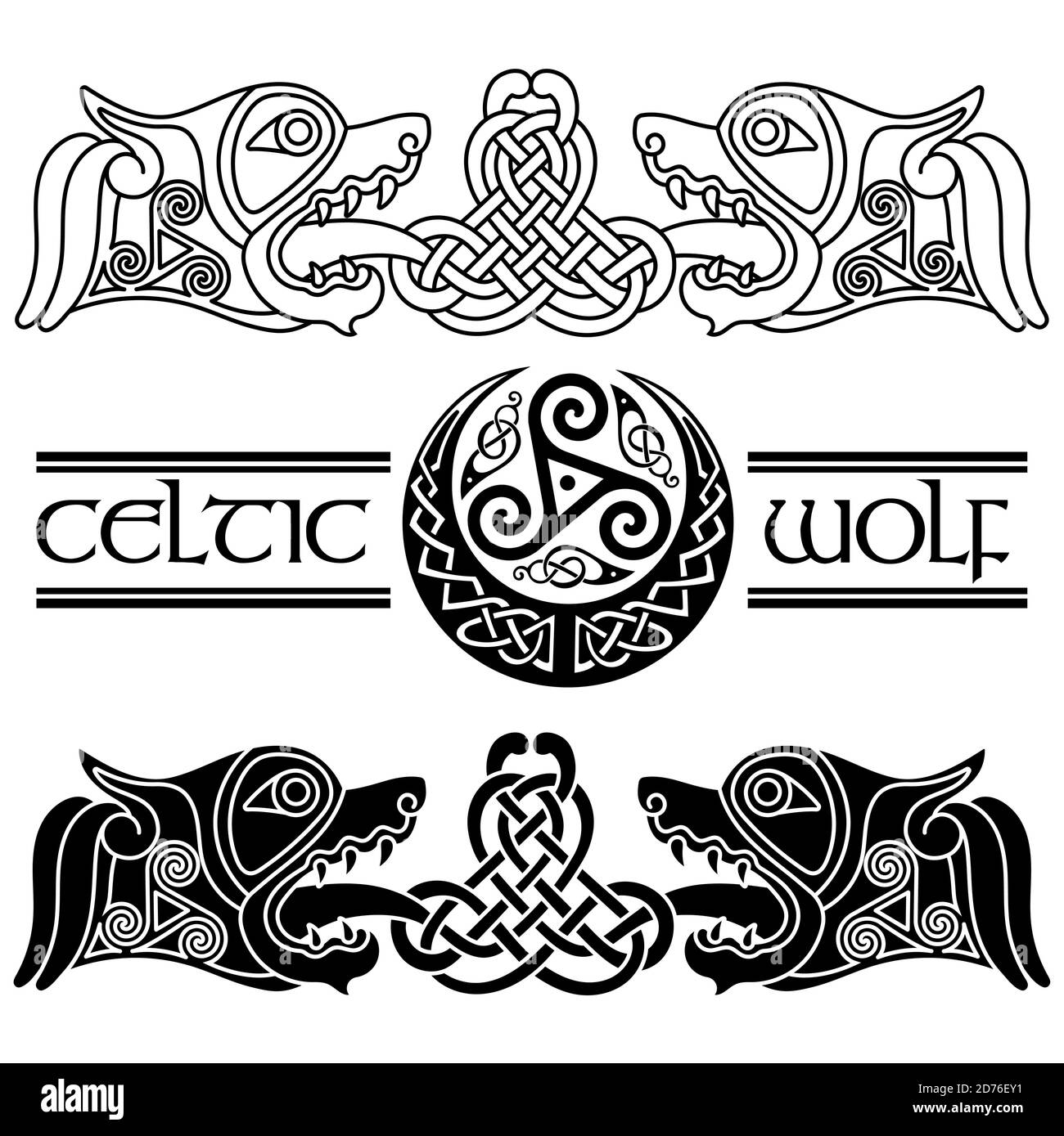 Wölfe im keltischen Stil, keltisches Muster und keltischer Mond Stock Vektor
