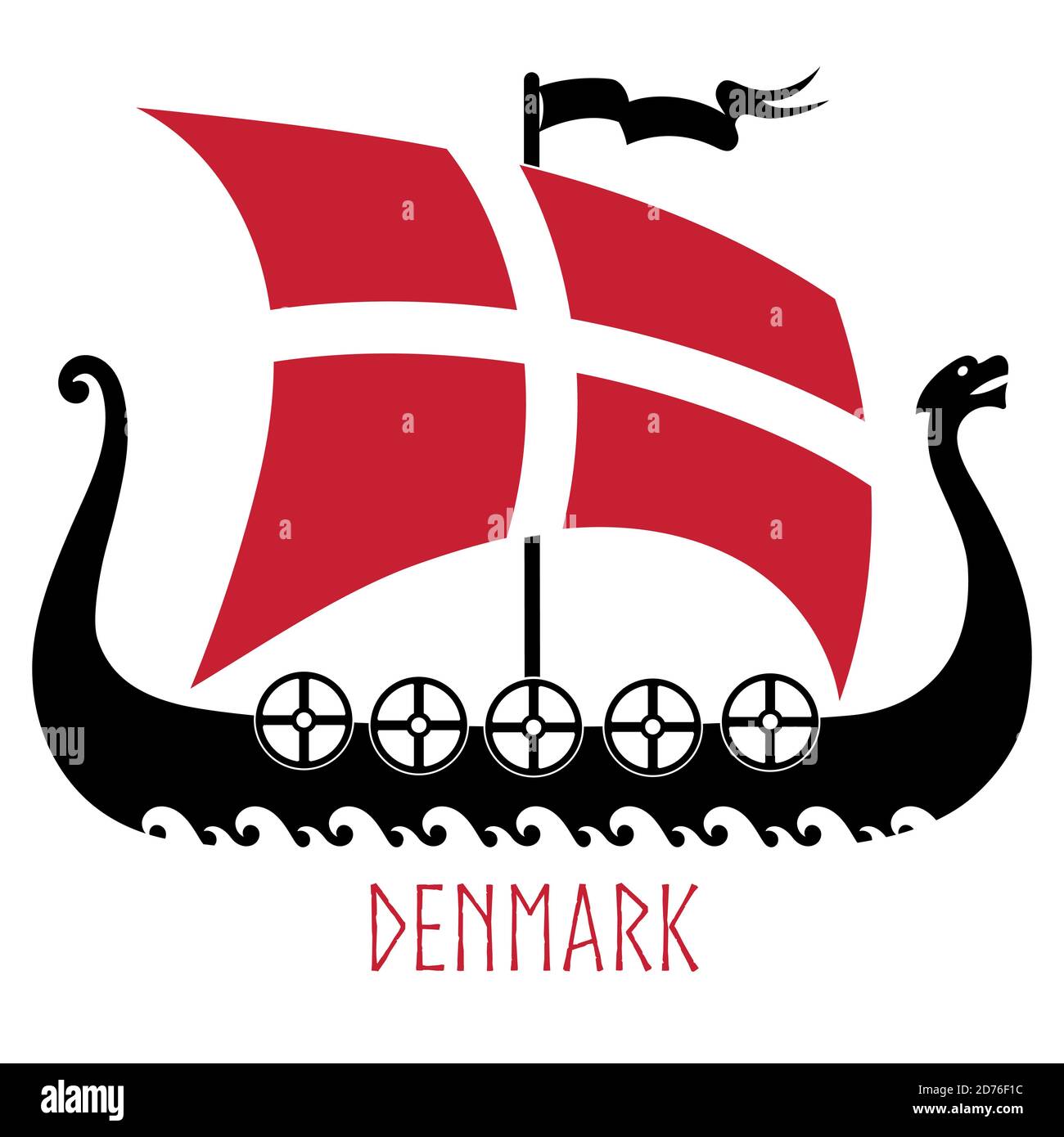 Kriegsschiff der Wikinger - Drakkar und Dänemark Flagge Stock Vektor