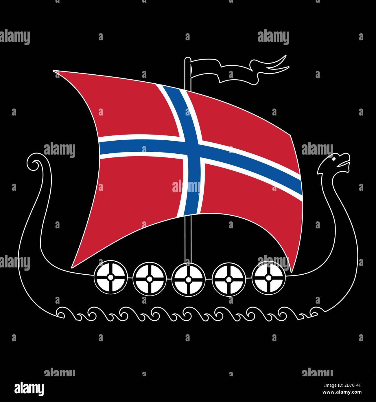 Kriegsschiff der Wikinger - Drakkar und Norwegen Flagge Stock Vektor