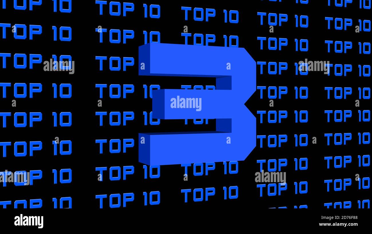 Abstrakte Grafik 3D-Illustration - Ziffern der oberen 10 - Einzelbild Nummer 3 - wiederholte TOP 10 Beschriftung angeordnet Auf schwarzem Hintergrund Stockfoto