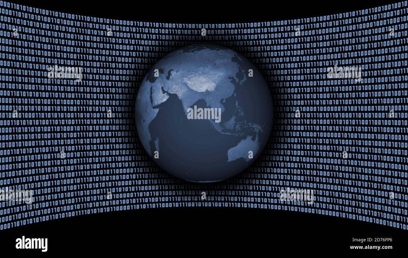 Asiatischer und australischer Kontinent auf der Erde Globus vor Eine virtuelle Studiowand aus Binärcode in graublau Farbe auf schwarzem Hintergrund Stockfoto