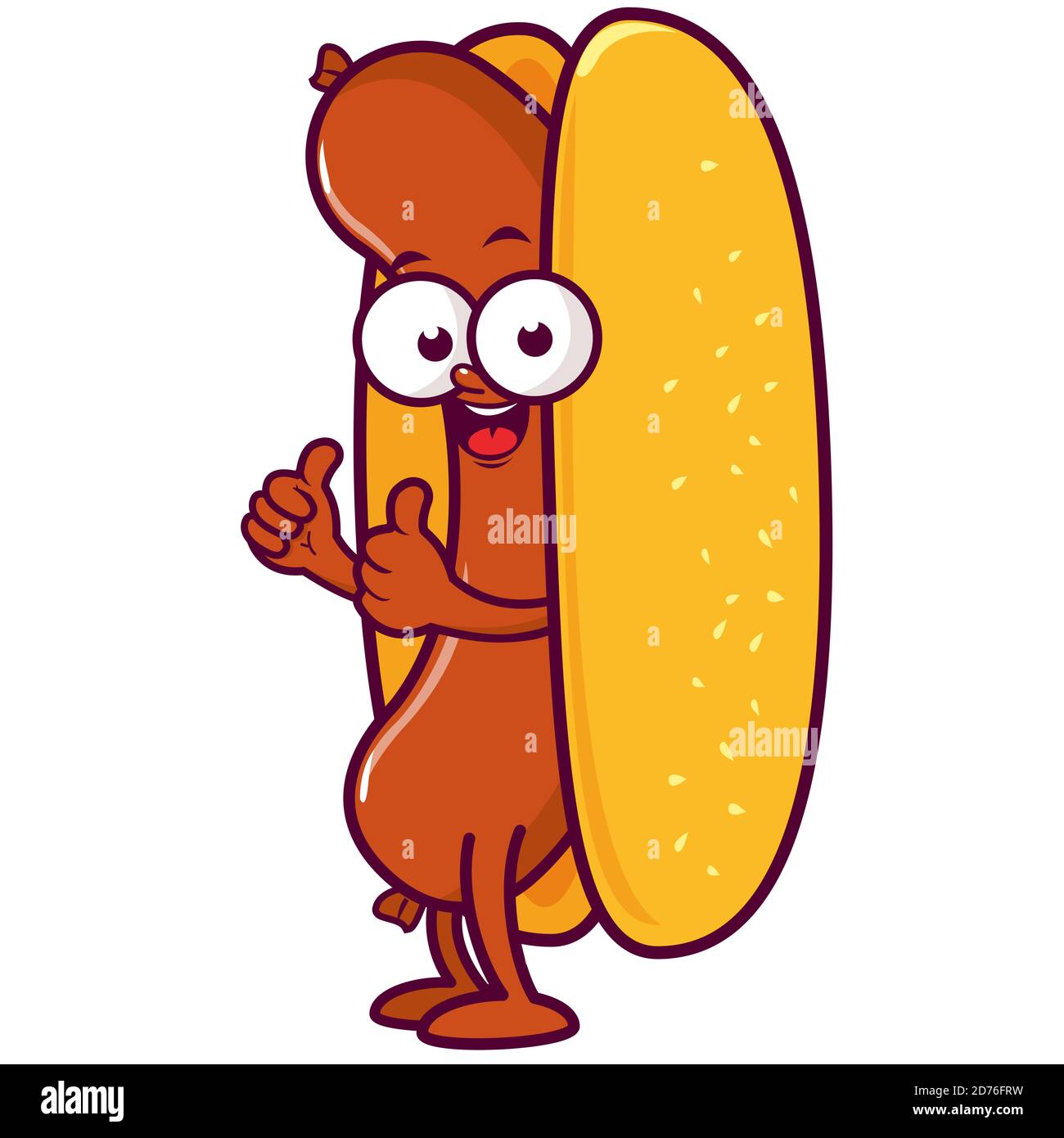 Eine Zeichentrick-Hotdog-Figur. Daumen hoch Geste Wurst Maskottchen. Fastfood Restaurant Sandwich mit Wurst. Stockfoto