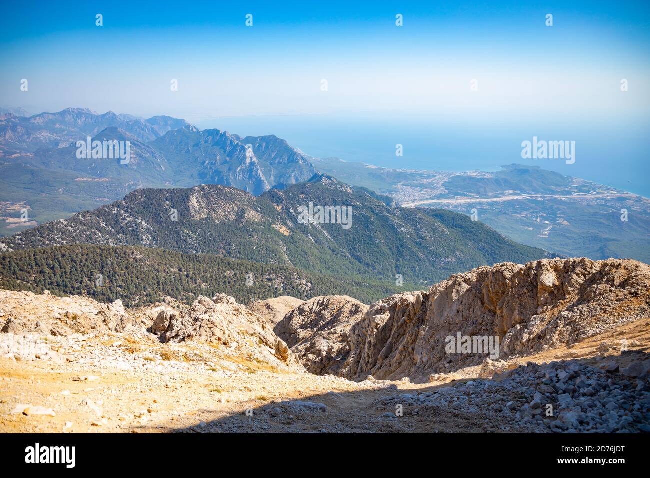 Der Panoramablick vom Olympos Berg oder Tahtali bei Kemer, Provinz Antalya, Türkei Stockfoto