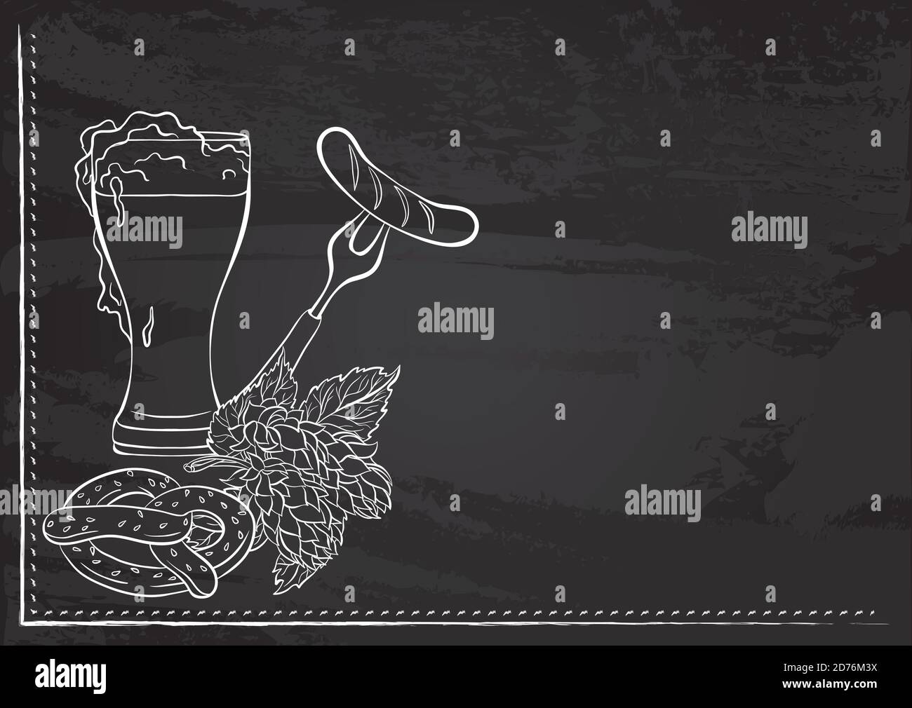 Vektor-Vorlage mit Stillleben mit einem Glas Bier, Brezel und Wurst stilisiert als Kreidezeichnung auf Kreidetafel. Design für ein Restaurant, Café oder Bar. Elemente des Oktoberfests. Stock Vektor