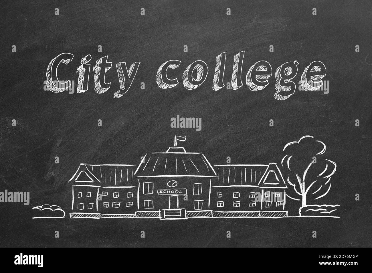 Schulgebäude und Schriftzug City College auf Tafel. Handgezeichnete Skizze. Stockfoto