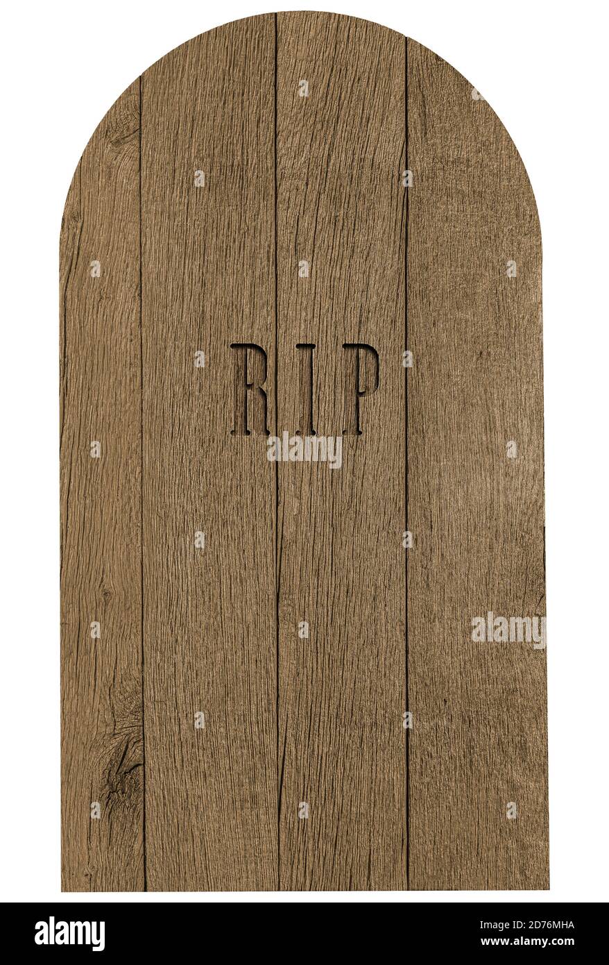 Holzgrabstein mit Wort RIP in der Mitte geschnitzt, runde Spitze Stockfoto