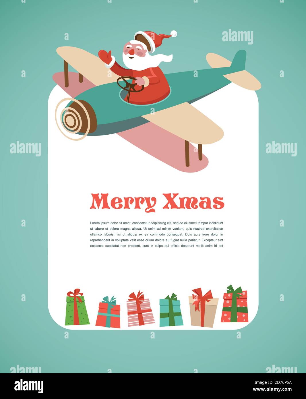 Frohe Weihnachten Grußkarte Vorlage mit Santa in einem Flugzeug Stock Vektor