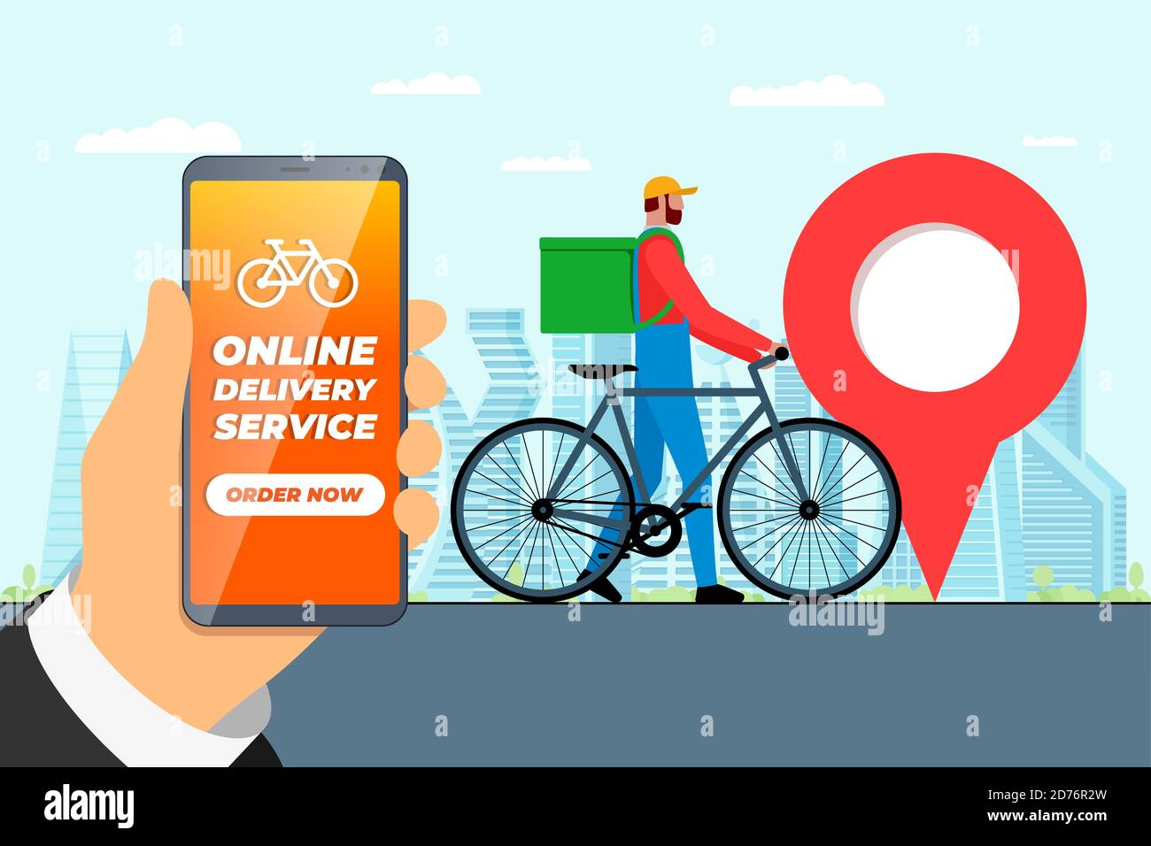 Schnelle Fahrrad Lieferung Bestellung Service App Konzept. Hand hält Smartphone mit Geotag gps-Position Pin auf der Stadt Straße und Express-Versand Kurier mit Rucksack. Vektor-eps für Online-Anwendungen Stock Vektor