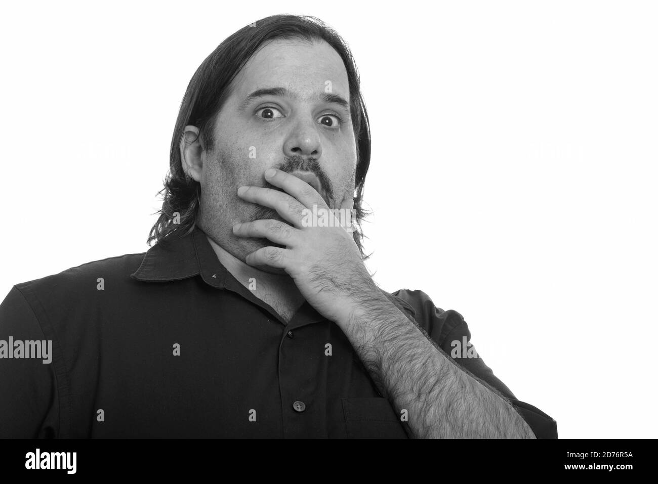 Fat kaukasischen Mann, mit der Hand über den Mund geschockt Stockfoto