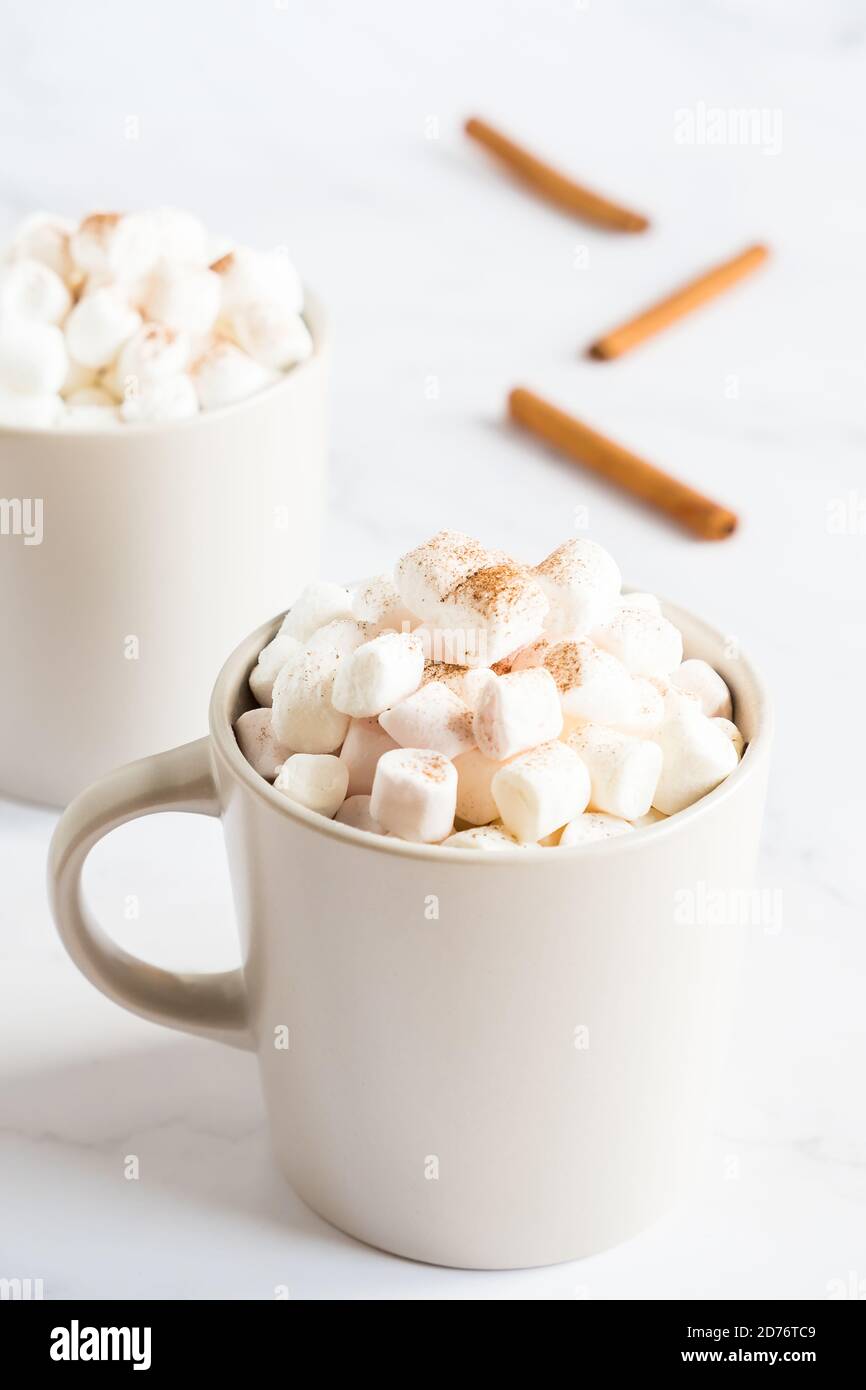 Tasse Kakao mit Marshmallows auf hellem Hintergrund. Stockfoto