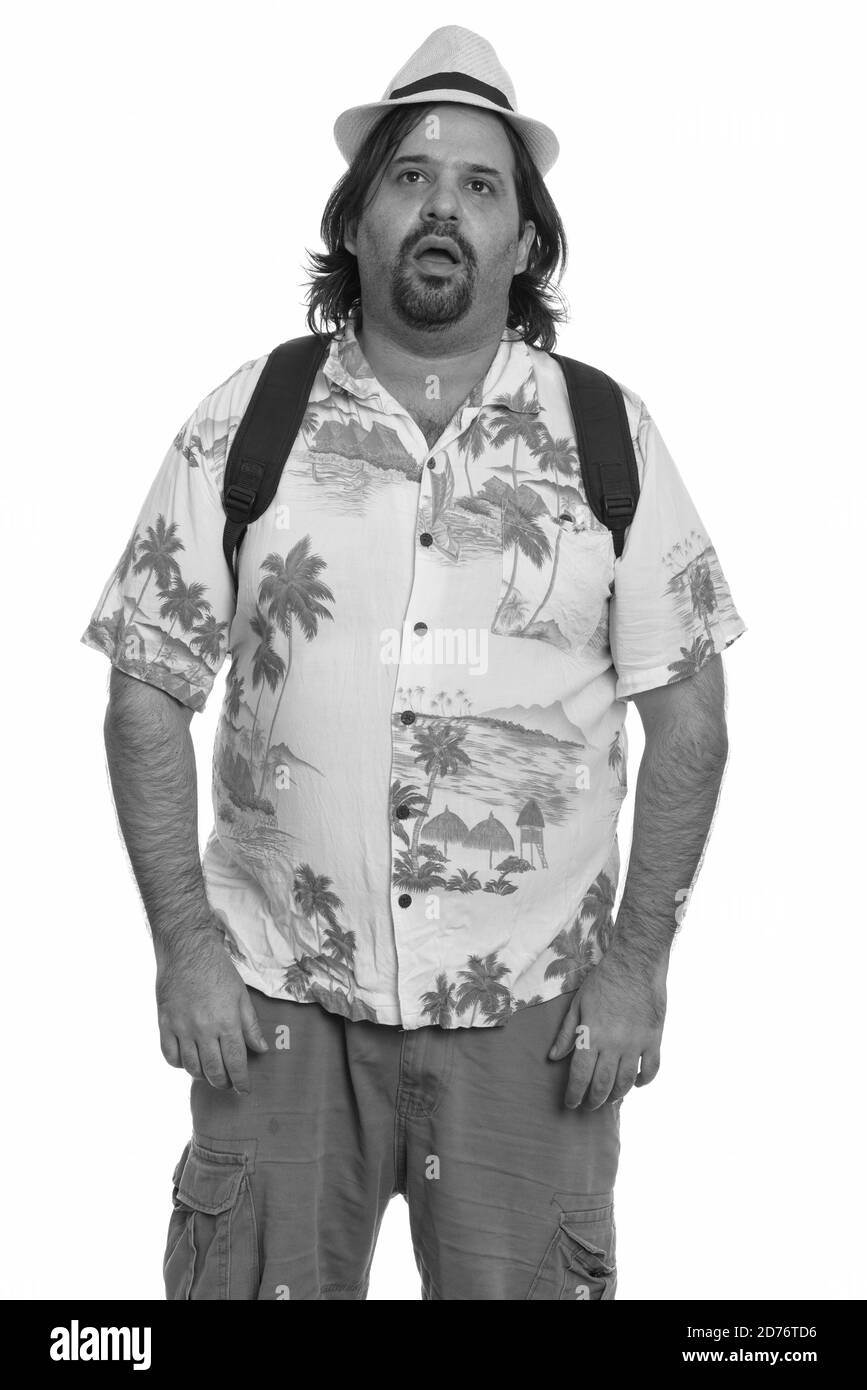 Fat kaukasischen Mann entsetzt, bereit für den Urlaub Stockfoto Fat kaukasischen Mann entsetzt, bereit für den Urlaub Stockfoto