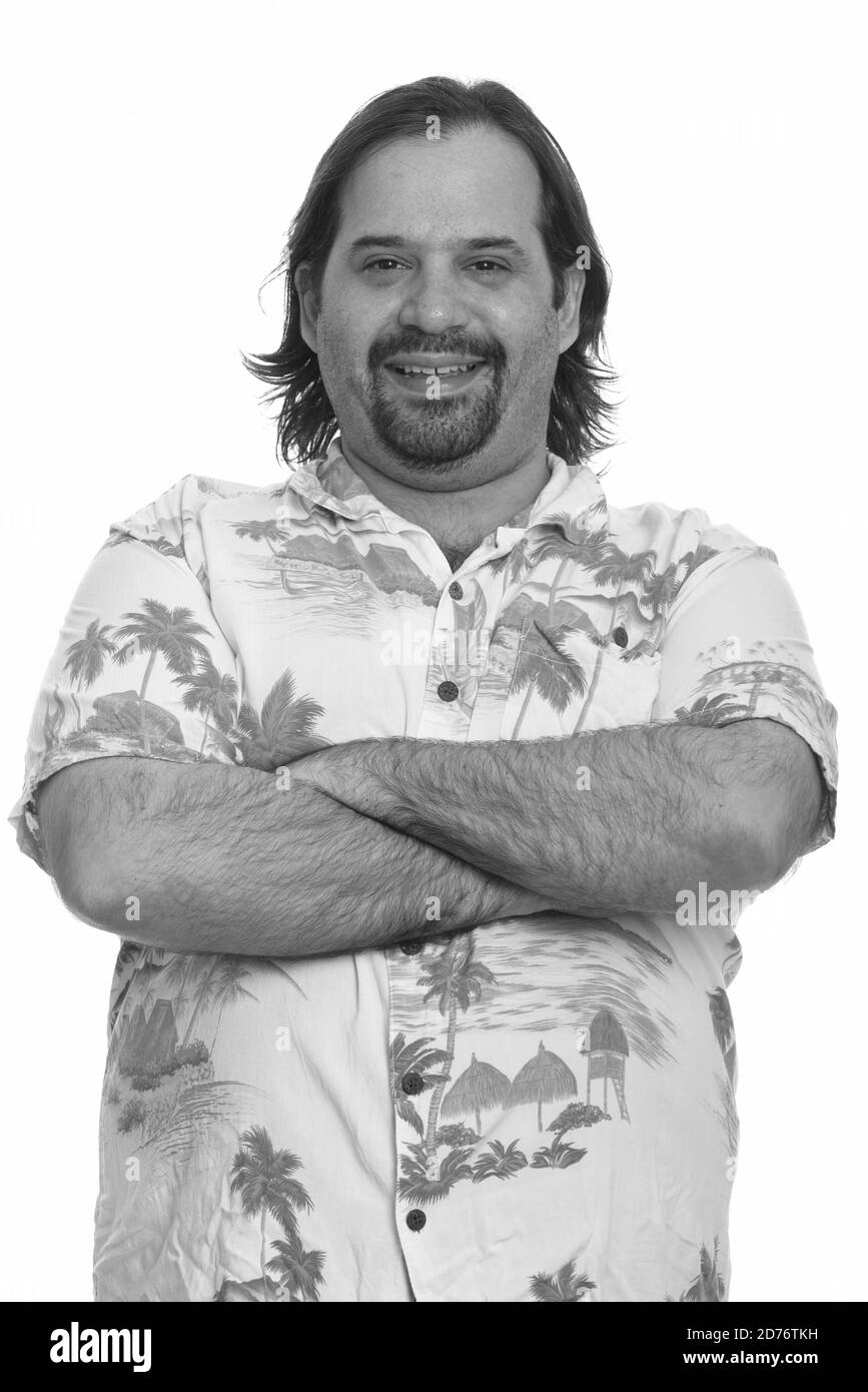 Glücklich fett kaukasischen Mann lächelnd mit Armen gekreuzt bereit für Urlaub Stockfoto Glücklich fett kaukasischen Mann lächelnd mit Armen gekreuzt bereit für Urlaub Stockfoto
