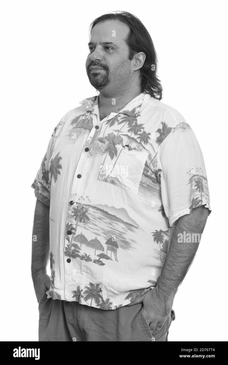 Fat kaukasischen Mann suchen an der Seite Bereit für Ferienhäuser Stockfoto Fat kaukasischen Mann suchen an der Seite Bereit für Ferienhäuser Stockfoto