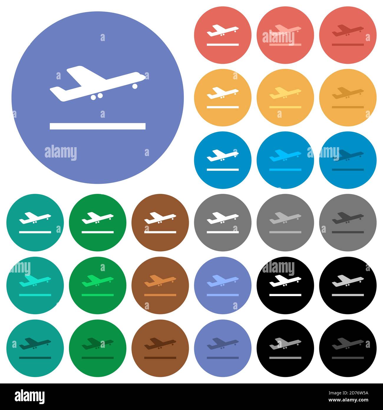 Flugzeug abheben mehrfarbige flache Symbole auf runden Hintergründen. Im Lieferumfang enthalten sind weiße, helle und dunkle Symbolvarianten für Schwebeeffekt und aktive Statuseffekte, ein Stock Vektor