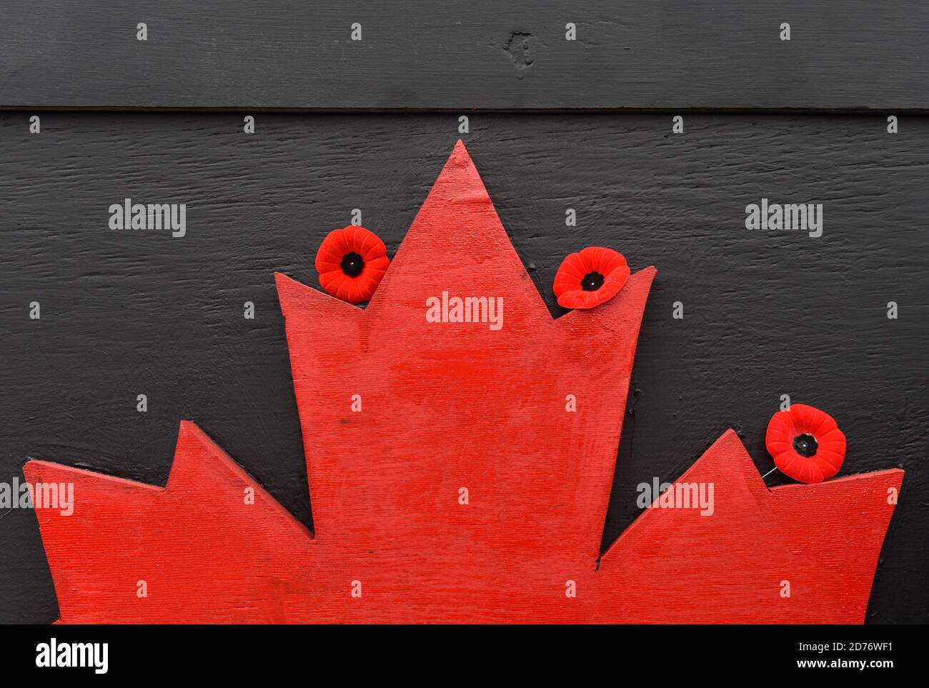 Canada Blatt und Mohn aus Holz. Remembrance Day. Mohntag. Kanada Tag. Stockfoto