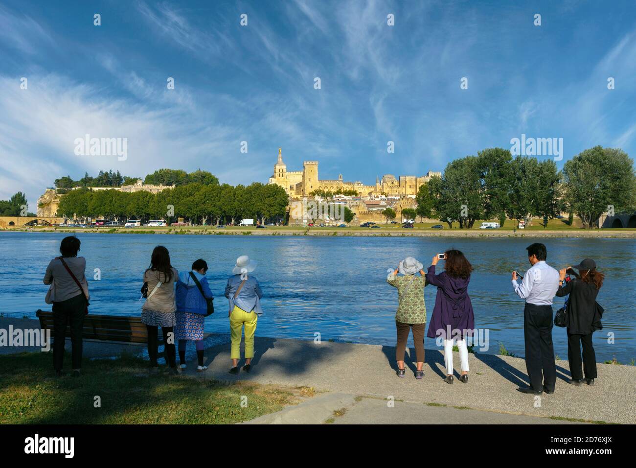 Touristen mit Blick über die Rhone zum Papstpalast oder Papstpalast, Avignon, Provence-Alpes-Côte d'Azur, Frankreich. Das historische Zentrum Stockfoto