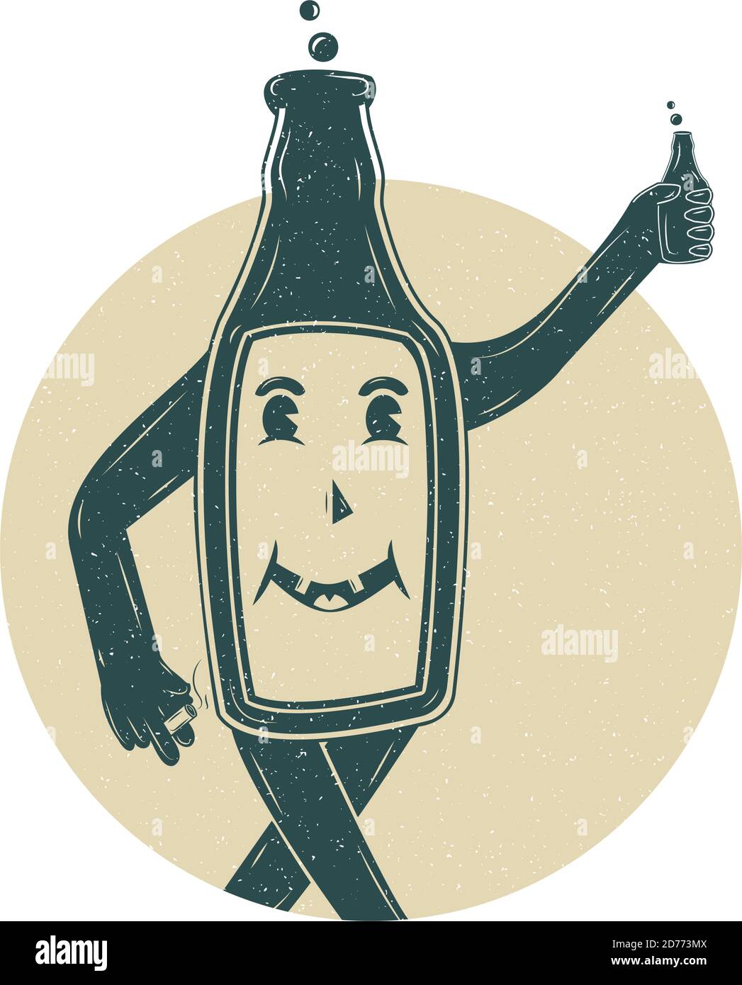 Fröhliche Flasche raucht und trinkt Bier Retro-Kunst Stock Vektor