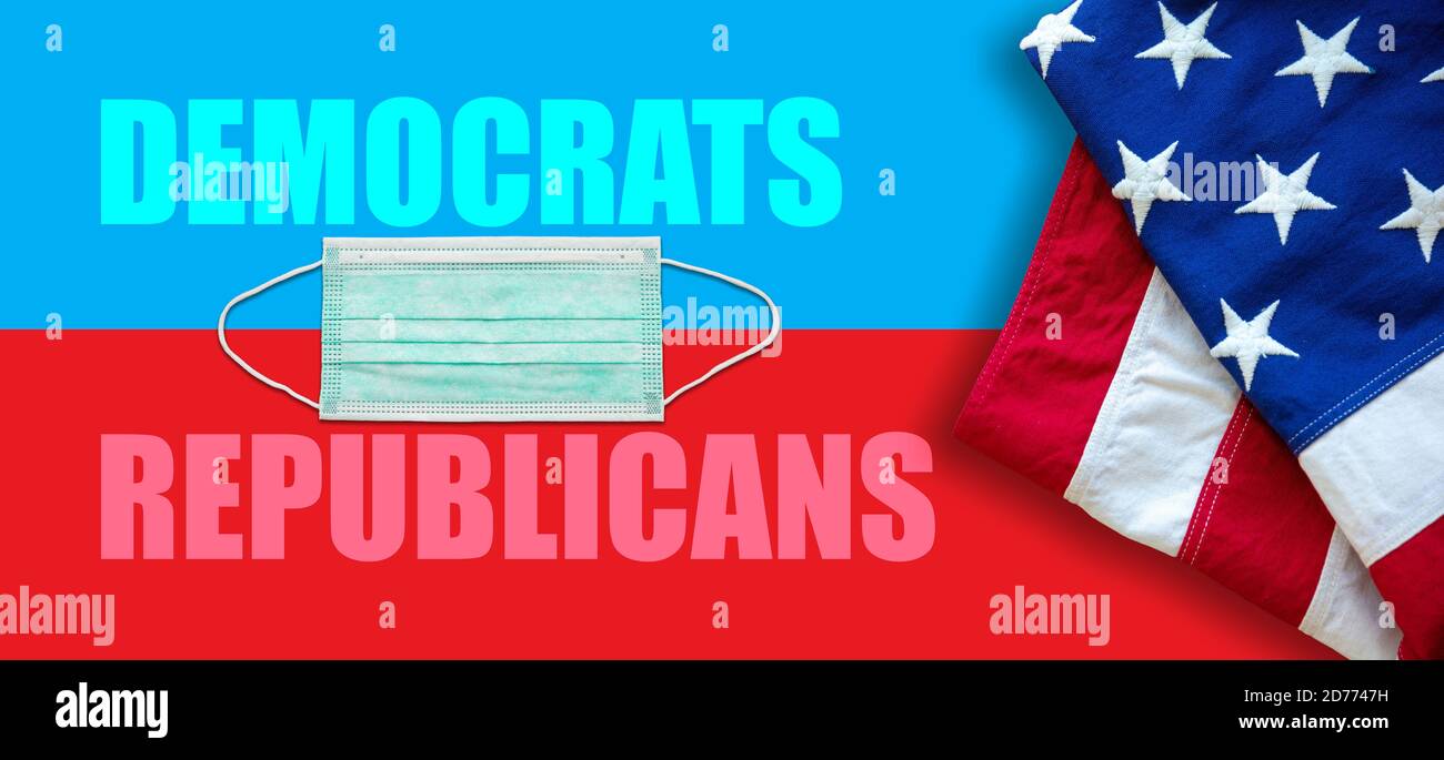 US-amerikanische Wahlen 2020, COVID 19. Demokraten Republikaner Text, USA Flagge und medizinische Masken auf rot-blauen Hintergrund. Stockfoto