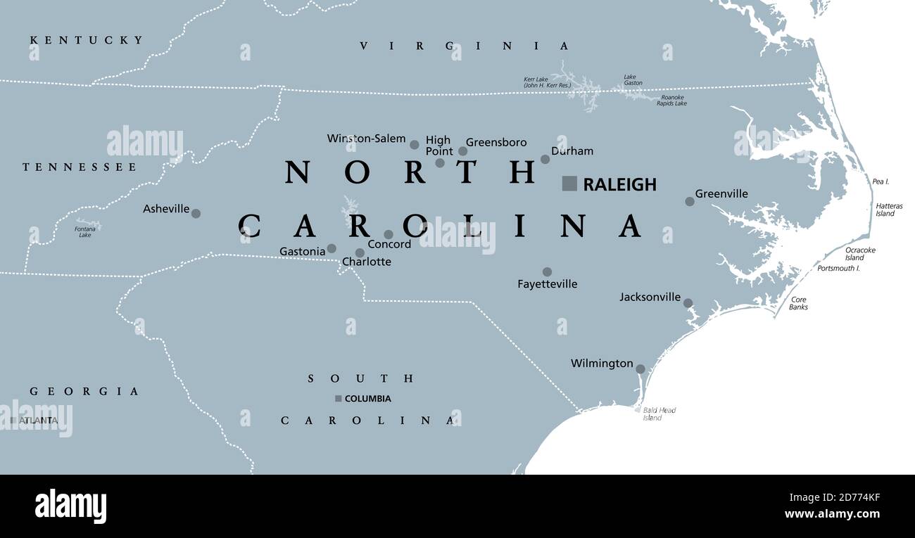 North Carolina, NC, graue politische Karte. Mit Hauptstadt Raleigh und größten Städten. Staat in der südöstlichen Region der Vereinigten Staaten von Amerika. Stockfoto