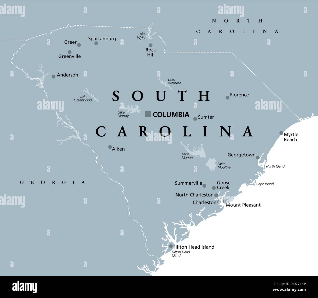 South Carolina, SC, graue politische Karte, mit Hauptstadt Columbia, größten Städten und Grenzen. Staat in der südöstlichen Region der Vereinigten Staaten. Stockfoto