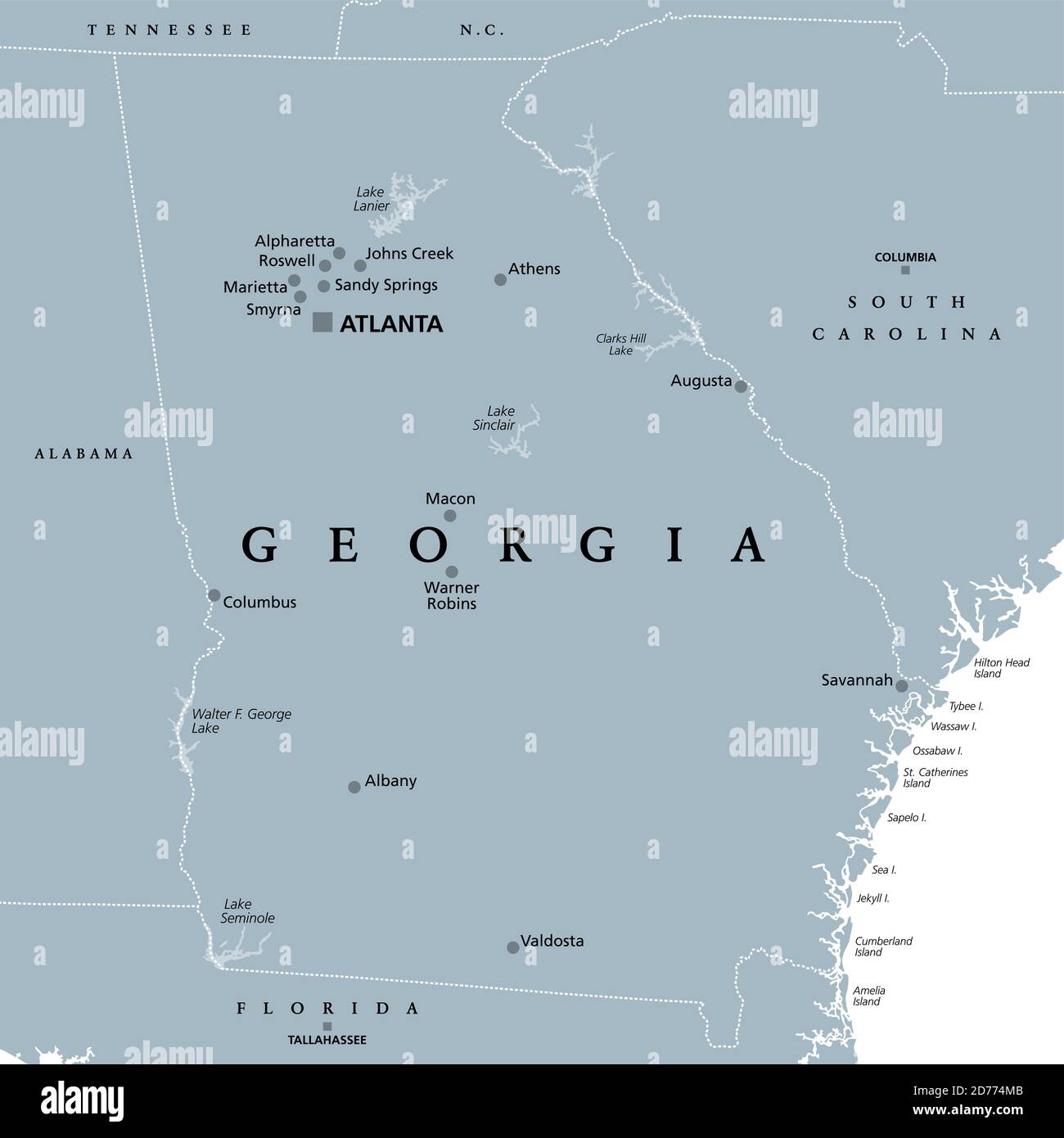 Georgia, GA, graue politische Karte mit der Hauptstadt Atlanta und den größten Städten. Staat in der südöstlichen Region der Vereinigten Staaten von Amerika. Stockfoto