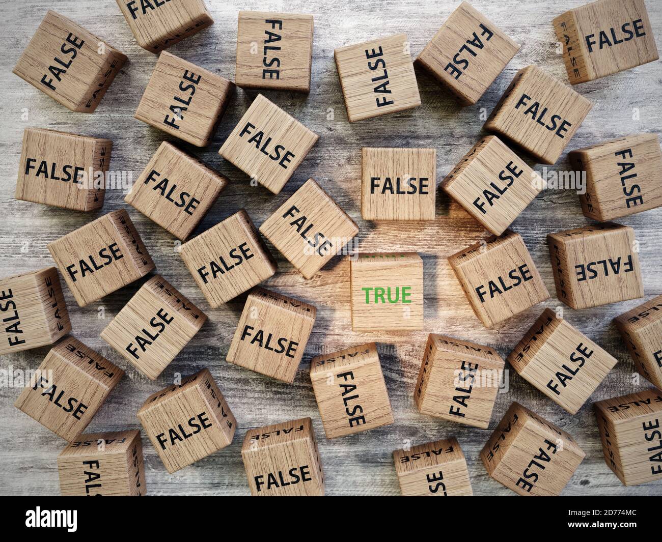 3D-Rendering von Bündel von Holzblöcken Rechtschreibung Falsches Wort Und einen Block mit echter Wortaufnahme von oben Stockfoto