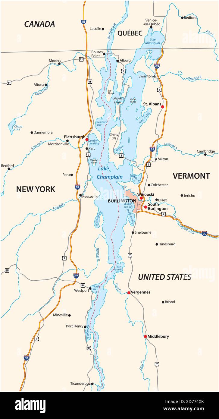 Map Of Lake Champlain Vt Vektorkarte Von North American Lake Champlain, Usa, Kanada  Stock-Vektorgrafik - Alamy