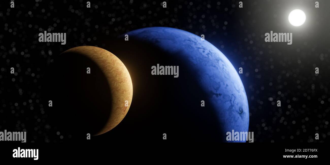 3D-Illustration von zwei Planeten im Weltraum mit Sonne und Sternen, Tapete oder Hintergrund, konzeptionelle Astronomie, Science Fiction, Fantasie, futuristisch Stockfoto