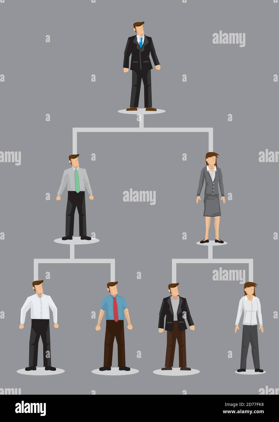 Vektor-Illustration von Cartoon Business Menschen Zeichen auf Unternehmen hierarchische Diagramm auf grauem Hintergrund isoliert. Stock Vektor