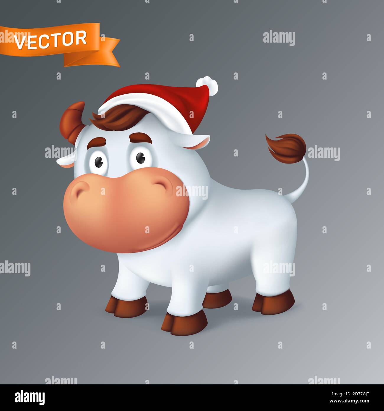 Lustige silberne Ox Tier in roten Santa's Hut. Symbol des Jahres im chinesischen Tierkreiskalender. 3d Cartoon Vektor Illustration der weißen lächelnden Stier Stock Vektor