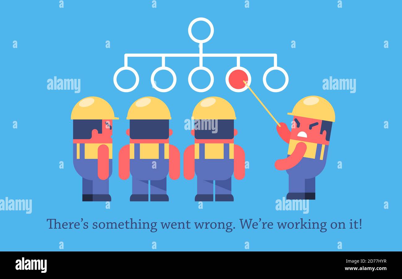 Fehler beim Seitendesign. Lustige Zeichentrickarbeiter stehen in der Nähe der Sitemap. Chief zeigt auf roten Kreis. Stock Vektor